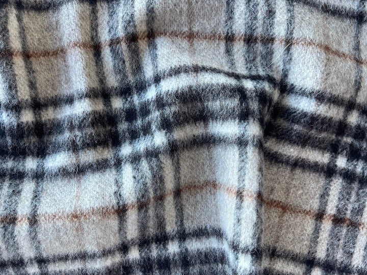 Lighter-Weight Pettable Onyx , Almond & Cinnamon Brushed Wool Blend Plaid (Made in Italy)