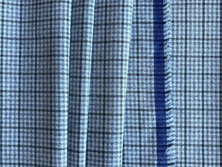 Canclini Plaid Indigo, Heathered Blue, Stone & White Brushed Cotton Shirting (Made in Italy)