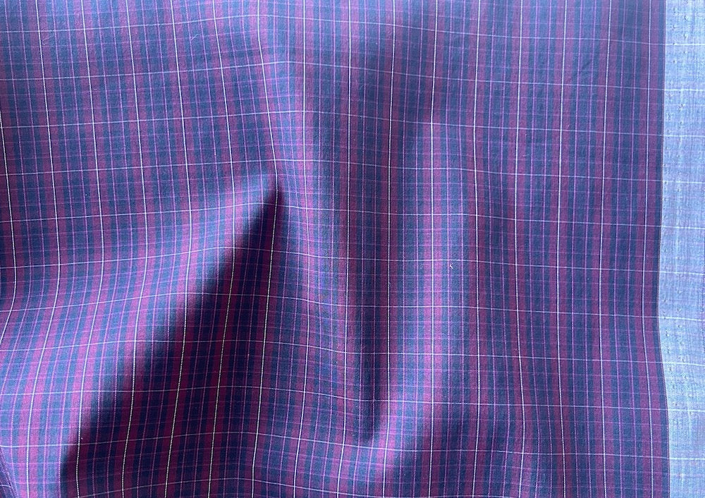 Canclini Royal Navy & Hibiscus Plaid 2-Ply Stretch Cotton Shirting (Made in Italy)