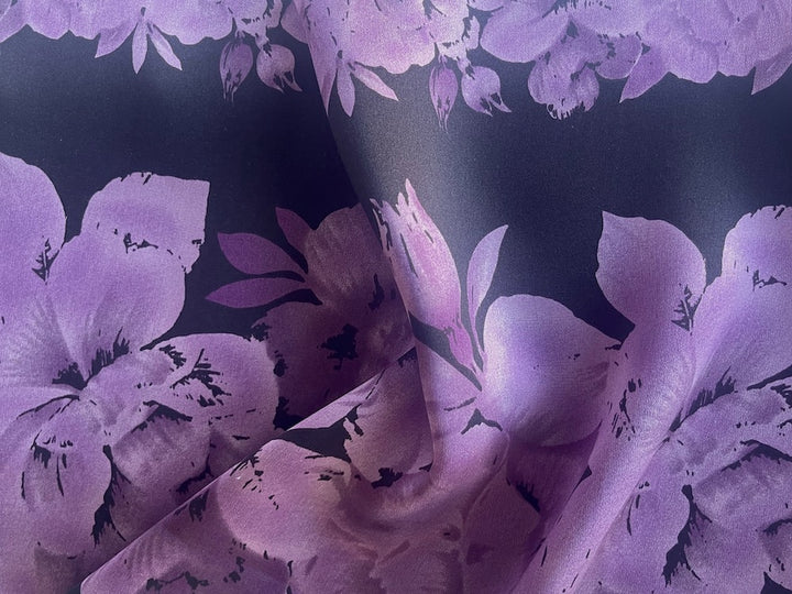 Dramatic Bands of Lush Orchids on Black Silk Satin Charmeuse (Made in Italy)