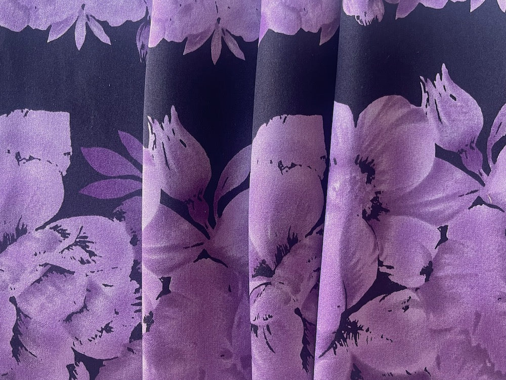 Dramatic Bands of Lush Orchids on Black Silk Satin Charmeuse (Made in Italy)