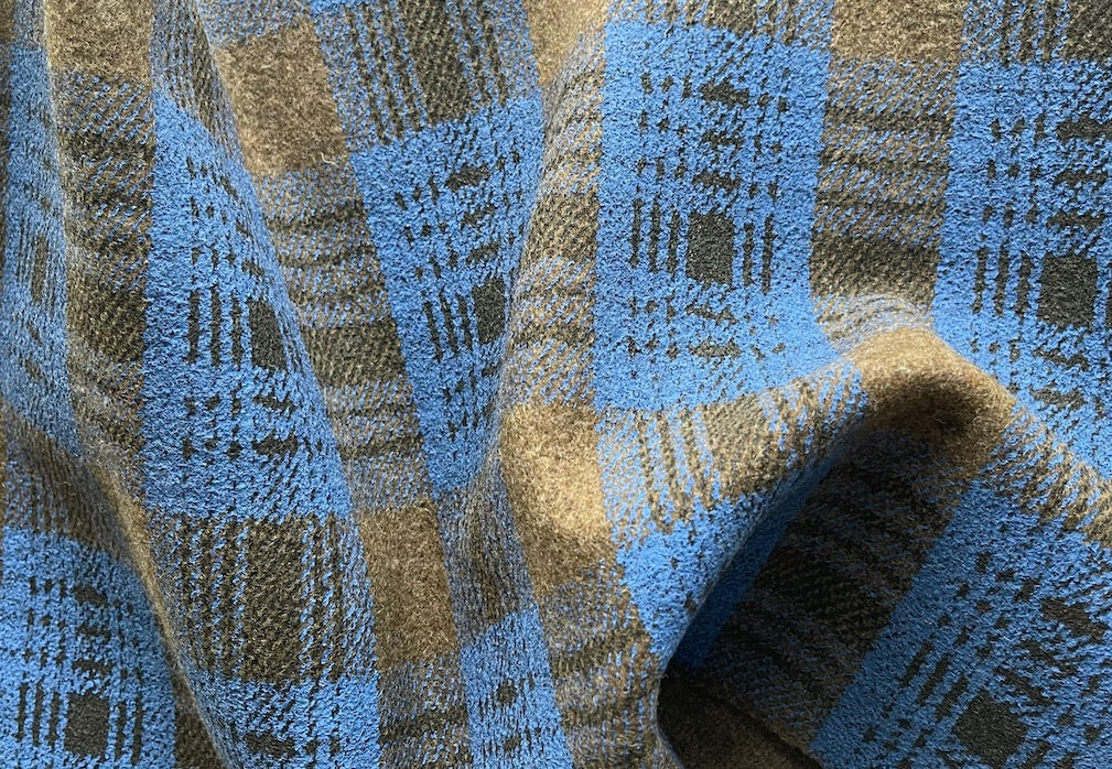 Walnut & Painted Cerulean Plaid Wool Melton Coating (Made in Italy)