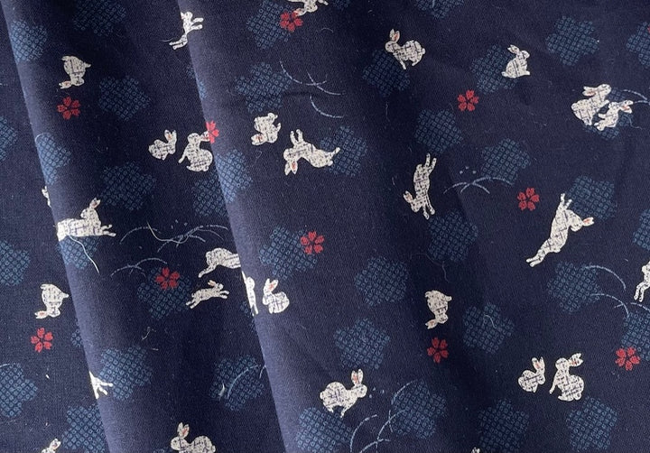 Lucky White Bunnies Indigo Quilting Cotton (Made in Japan)