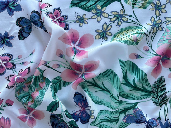 Delicate Springtime Butterflies & Blooms Rayon Challis (Made in Italy)