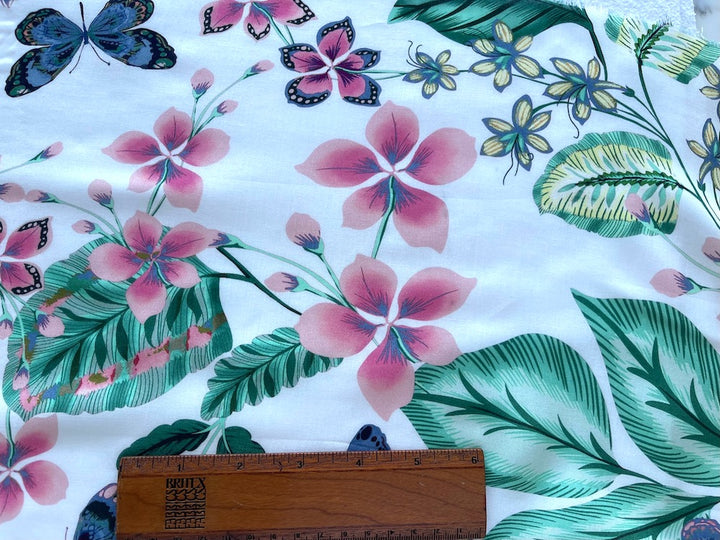 Delicate Springtime Butterflies & Blooms Rayon Challis (Made in Italy)