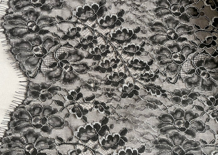 Delicate Black & Silver Metallic Chantilly Lace Fabric (Made in USA)