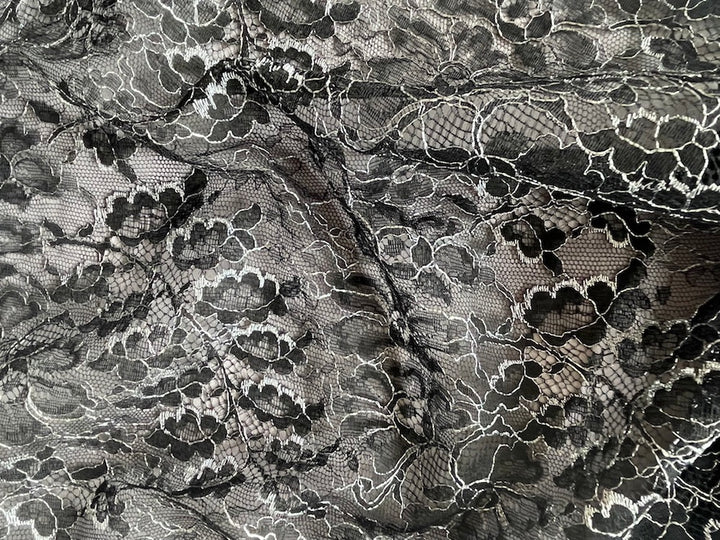 Delicate Black & Silver Metallic Chantilly Lace Fabric (Made in USA)