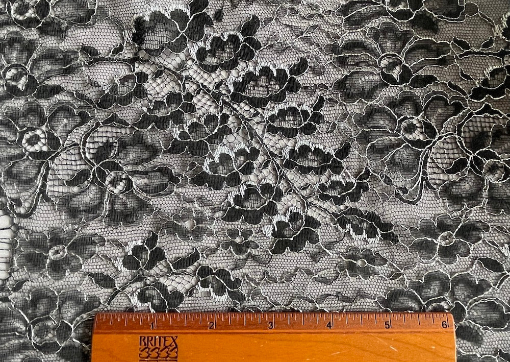Delicate Black & Silver Metallic Chantilly Lace Fabric (Made in USA)