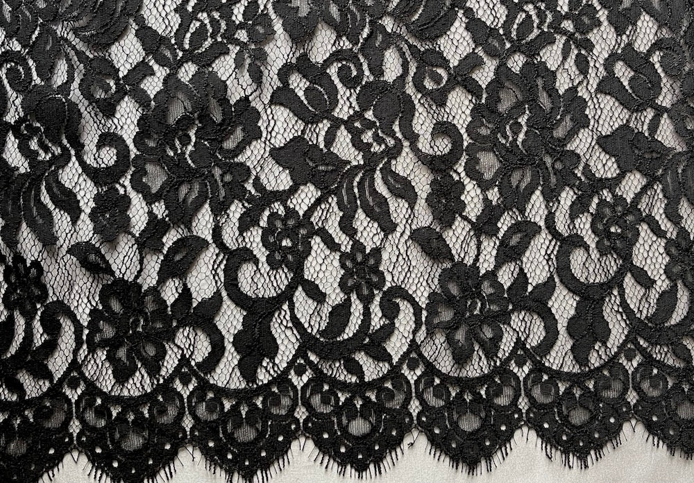 Double Scalloped Jet Black Chantilly Lace Fabric (Made in USA)