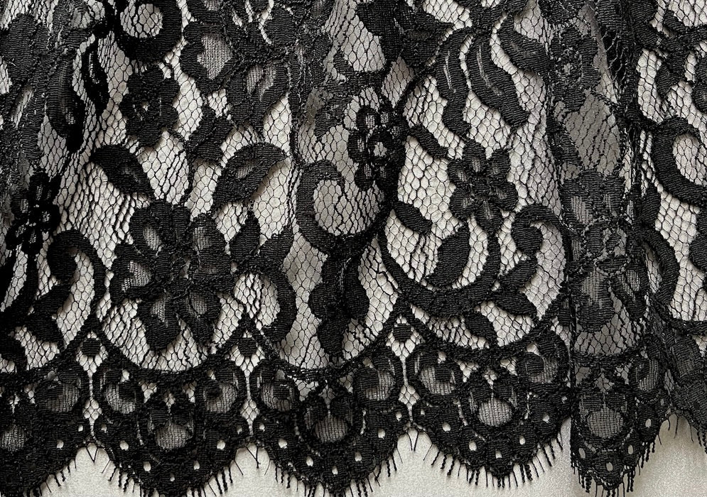 Double Scalloped Jet Black Chantilly Lace Fabric (Made in USA)
