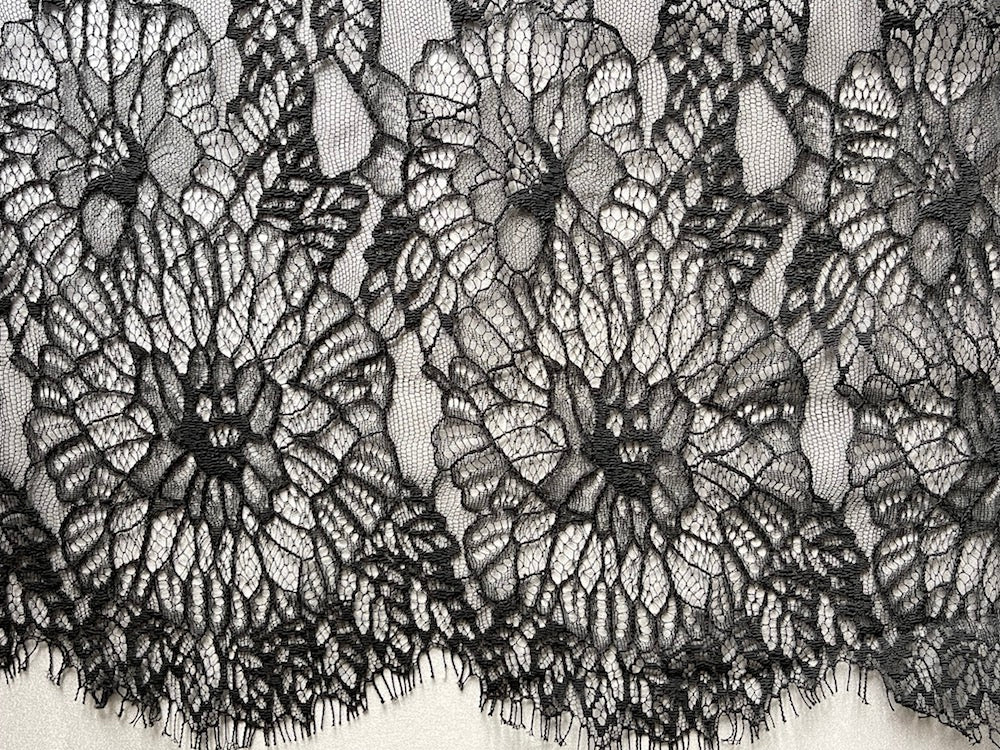 Lace fabric, Double Scalloped Jet Black Floral Chantilly Lace