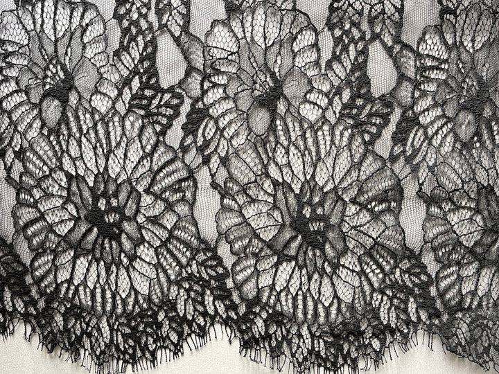 Double Scalloped Jet Black Floral Chantilly Lace Fabric (Made in USA)