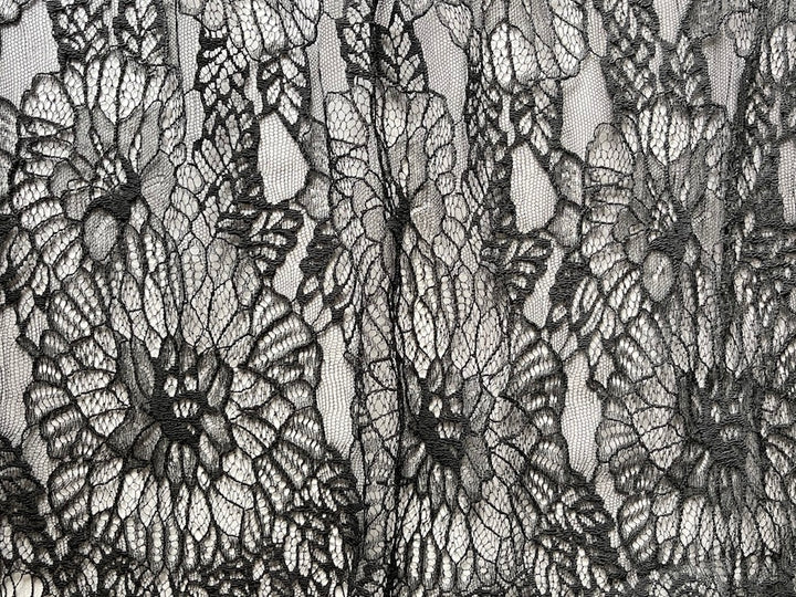 Double Scalloped Jet Black Floral Chantilly Lace Fabric (Made in USA)