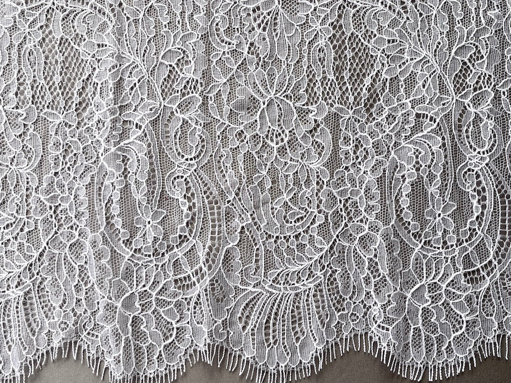 Lace fabric, Double Scalloped Brilliant White Floral Chantilly Lace Fabric  (Made in USA) – Britex Fabrics