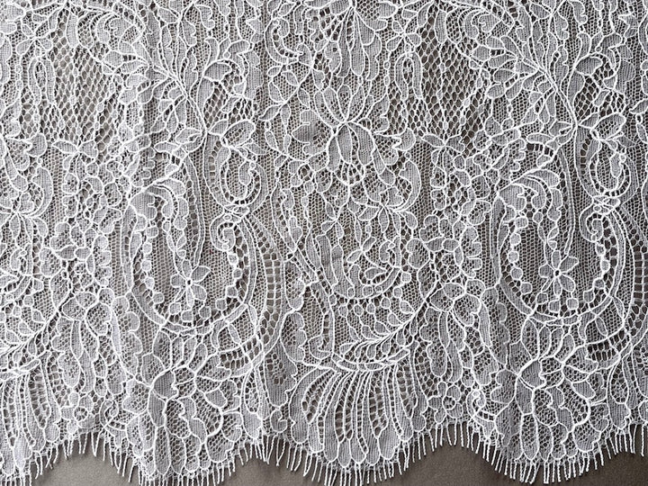 Double Scalloped Brilliant White Floral Chantilly Lace Fabric (Made in USA)