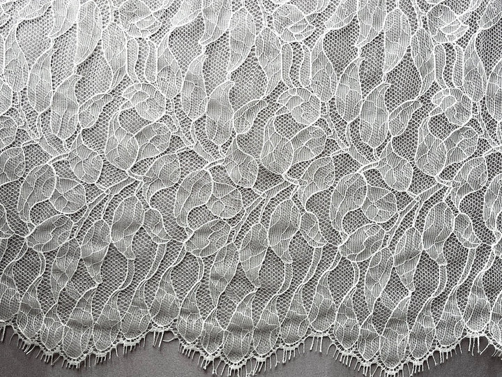 Double Scallop Vining Leaves Soft White Chantilly Lace Fabric (Made in USA)