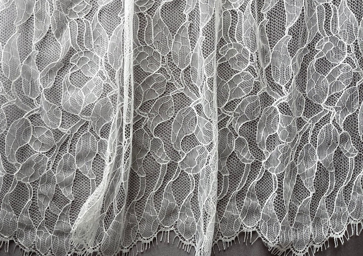 Double Scallop Vining Leaves Soft White Chantilly Lace Fabric (Made in USA)