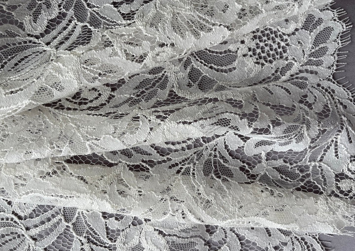 Double Scalloped Candlelight Ivory Floral Chantilly Lace Fabric (Made in USA)