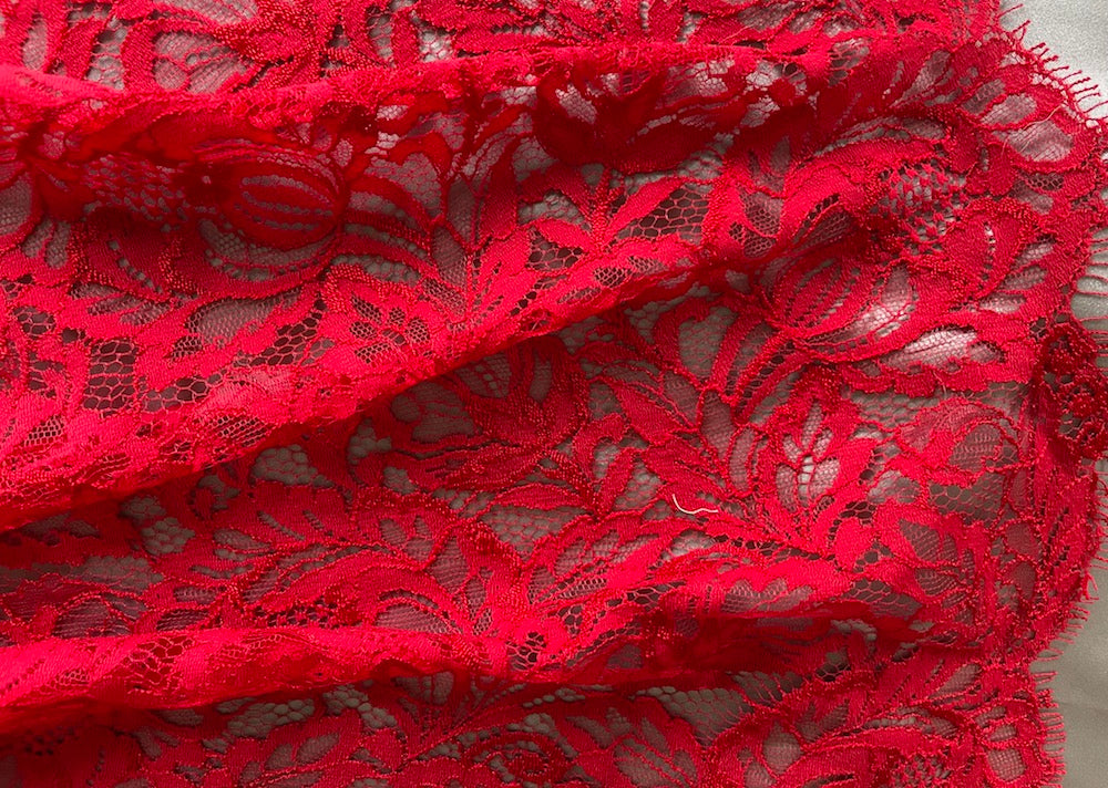 Double Scalloped Sensuous Cherry Floral Chantilly Lace Fabric (Made in USA)