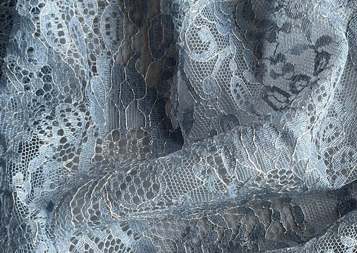 Double Scalloped Shimmery Ice Blue & Silver Floral Chantilly Lace Fabric (Made in USA)