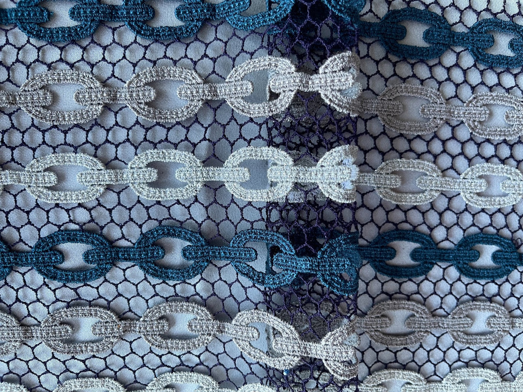 Teal Blue & Silver Chain Link Lace Fabric (Made in Italy)