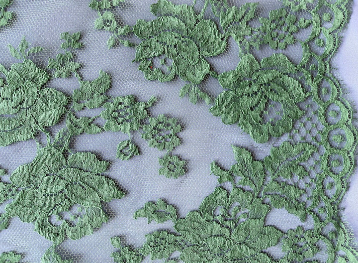 Scalloped Pistachio Green Chantilly Lace Fabric (Made in France)