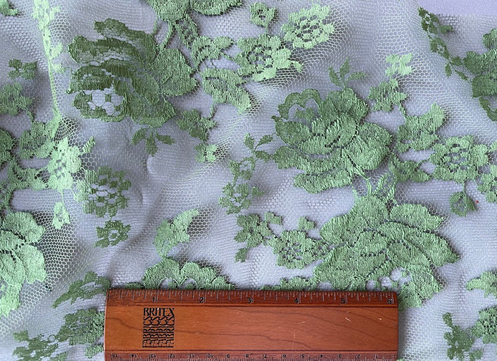 Scalloped Pistachio Green Chantilly Lace Fabric (Made in France)