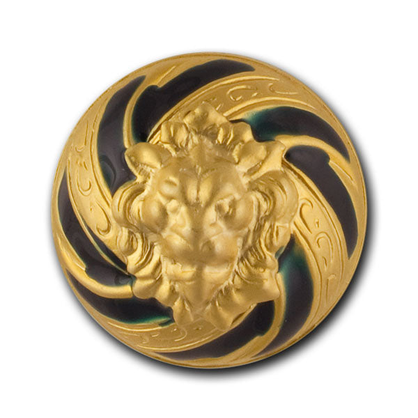 Domed Lion's Head Green Enamel & Gold Metal Button