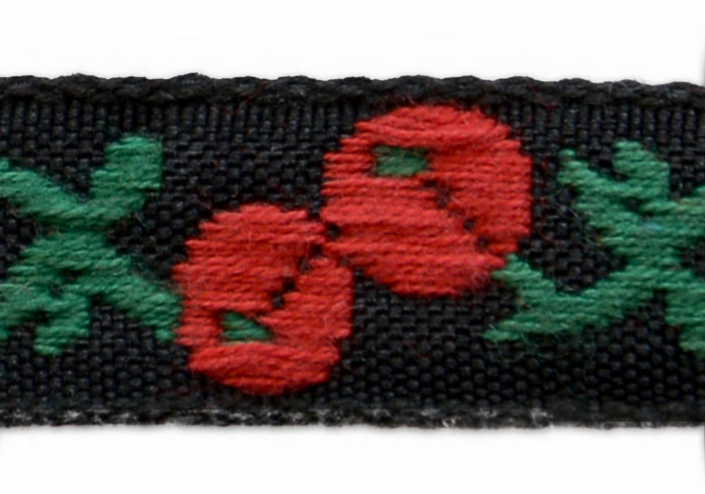 1/2" Red Berries Black Woven Ribbon