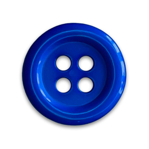 sewing button, 4-hole plastic button in vivid turquoise blue and with a slightly rounded raised rim. Made in Spain. Britex Fabrics sewing button, 4-hole plastic button in vivid turquoise blue and with a slightly rounded raised rim. Made in Spain. Britex Fabrics
