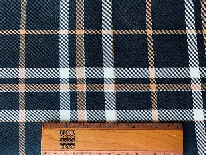 Suitably Subdued Camel, Black & White Plaid Polyester Suiting (Made in Italy)