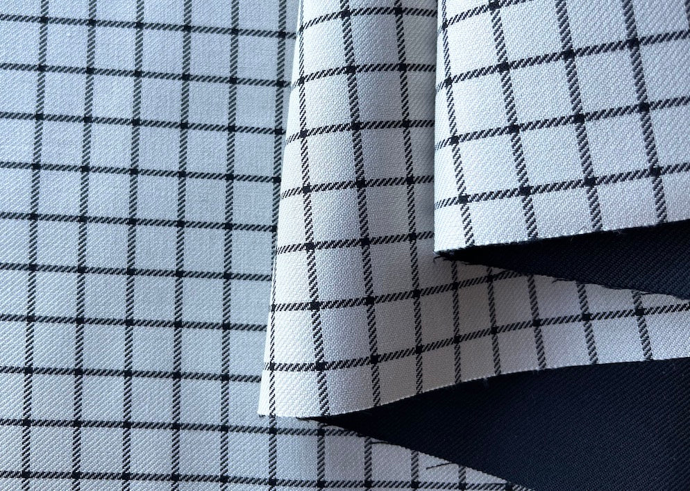 Water-Resistant Black Windowpane Check Polyester & Cotton Suiting (Made in Italy)