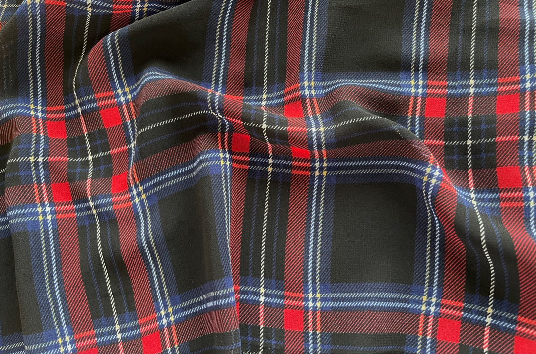 Semi-Sheer Scrappy Royal Blue & Red Plaid Polyester Chiffon (Made in Italy)
