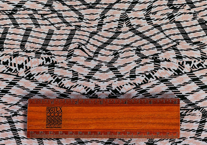 Blush Peach & Black Crumpled Plaid Stripes Silk Chiffon (Made in Italy)