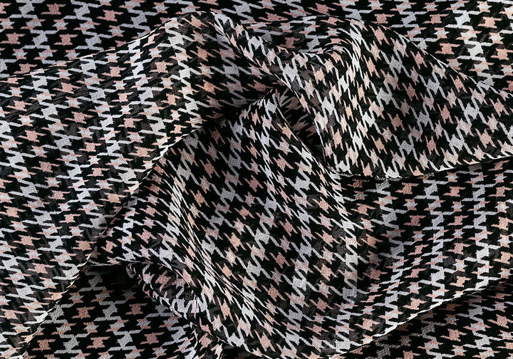 Blush Peach & Black Houndstooth Silk Chiffon (Made in Italy)