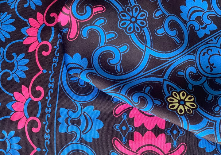 Border Print - Peony & Cobalt Arabesque Silk Twill (Made in Italy)
