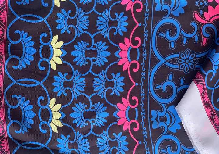 Border Print - Peony & Cobalt Arabesque Silk Twill (Made in Italy)