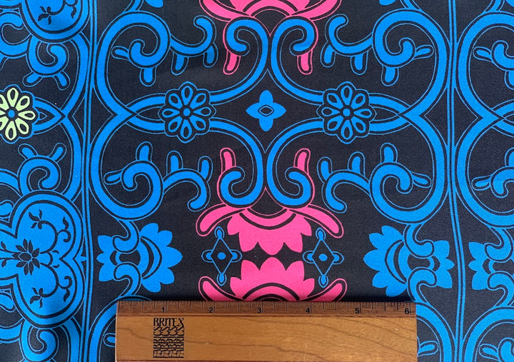 Border Print - Peony & Cobalt Arabesque Silk Twill (Made in Italy)