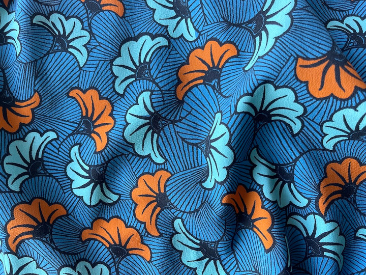 Art Deco Tangerine & Aqua Ginkgo Leaves Silk Crepe De Chine (Made in Italy)