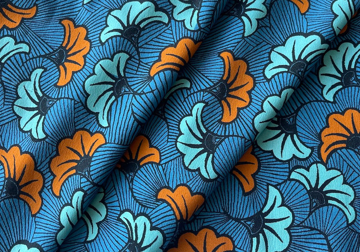 Art Deco Tangerine & Aqua Ginkgo Leaves Silk Crepe De Chine (Made in Italy)
