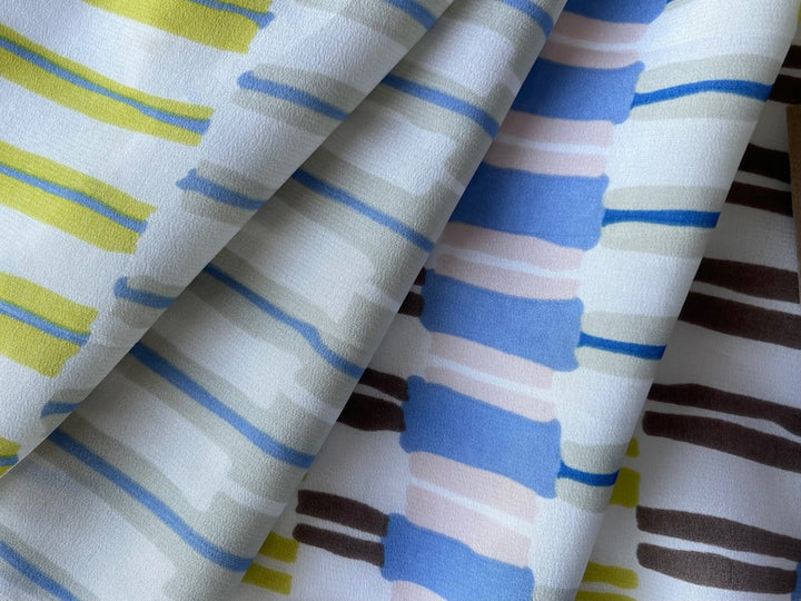 Designer Softly Muted Stacked Stripes Silk Crepe De Chine (Made in Italy)