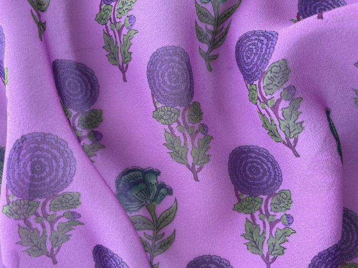 Semi-Sheer Swirly Floral Lapis, Grass & Lilac Silk Georgette (Made in Italy)