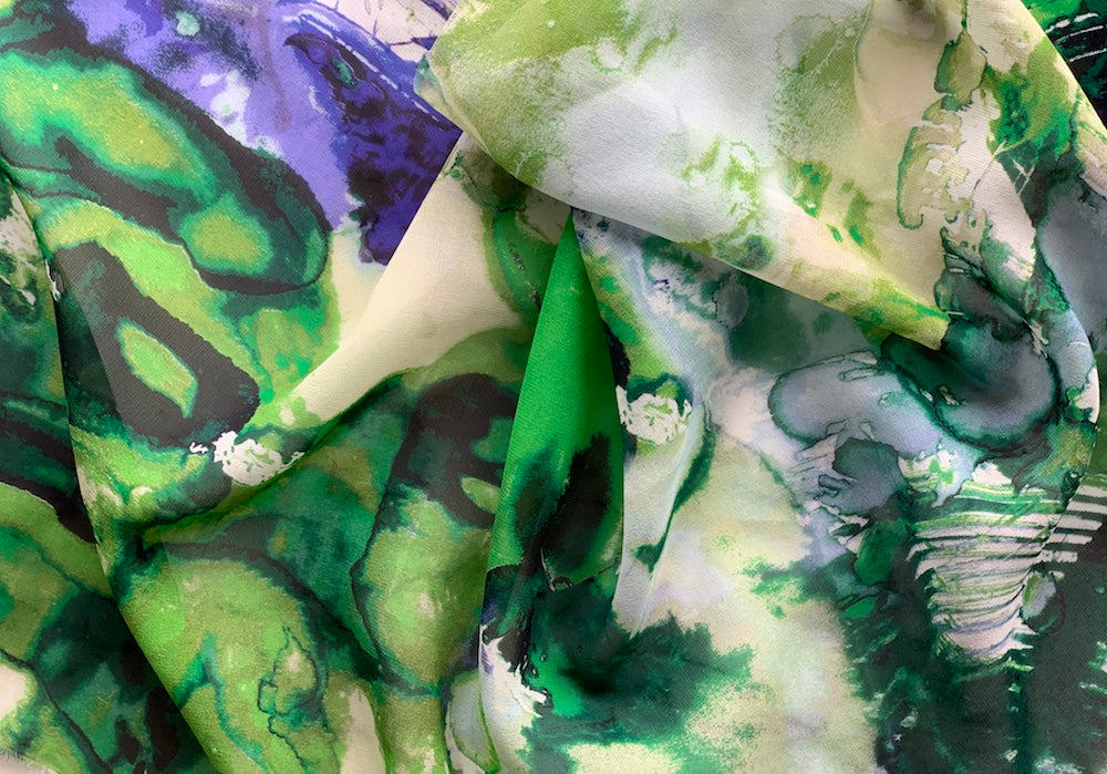 Emanuel Ungaro Emerald & Violet Splash Selvedged Silk Chiffon (Made in Italy)