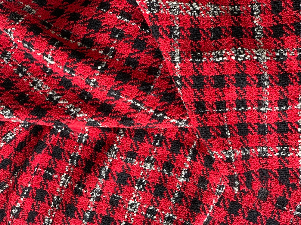 Vivid Red & Black Plaid Cotton Blend Bouclé (Made In Italy)