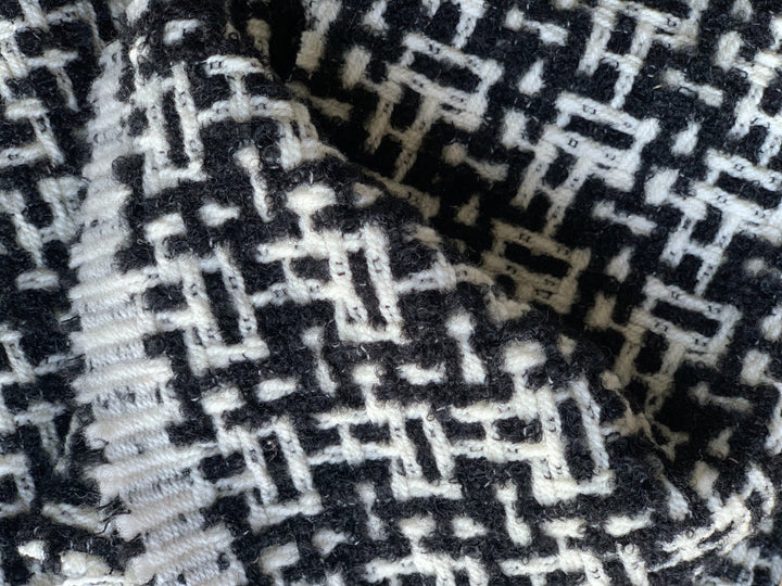 Geometric Black & White Tweed Wool Coating  (Made in Italy)