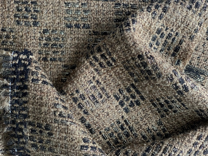 Elegant Geometric Sandy Beige & Gold Wool Blend Bouclé  (Made in Spain)