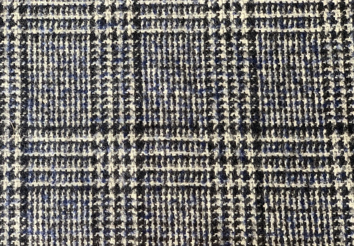 Soft Black, White & Royal Blue Houndstooth Plaid Wool  (Made in Italy)