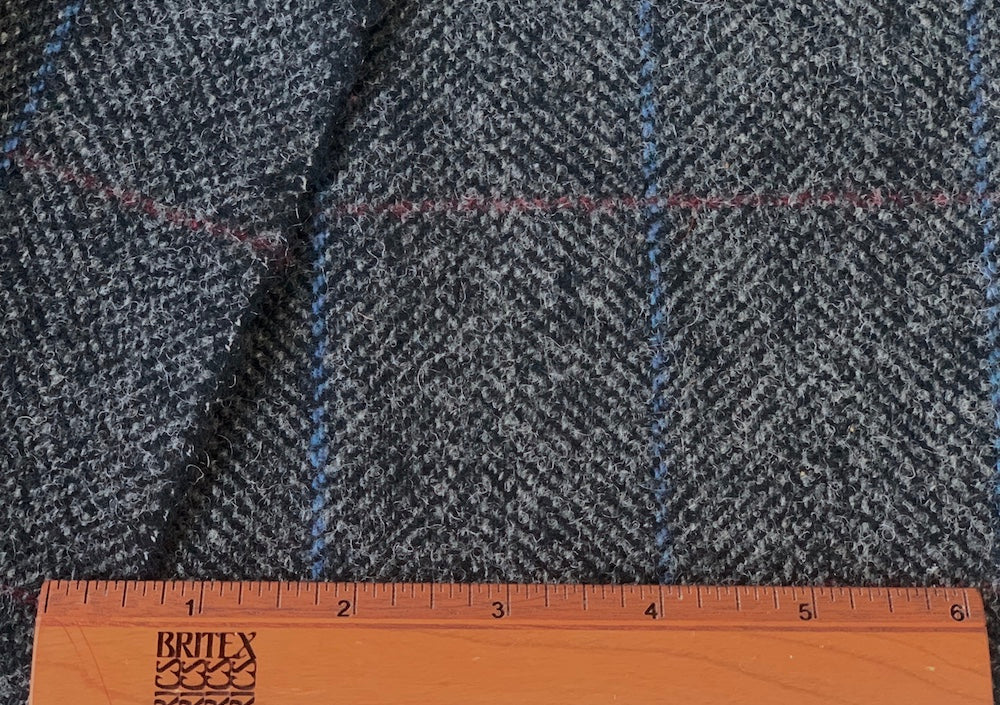 Charcoal Grey, Marine Blue & Wine Herringbone Plaid Shetland Wool (Made in Uruguay)