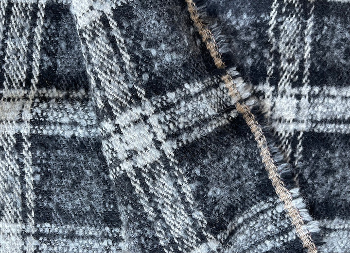 Cool Monochrome Ash Plaid Wool Blend Bouclé (Made in Italy)