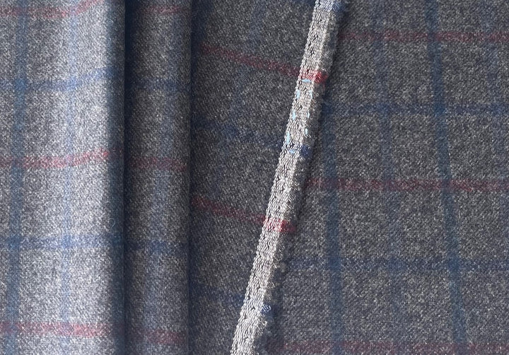 Cranberry, Navy & Deep Smoke Tattersall Plaid Wool Flannel (Made in Italy)